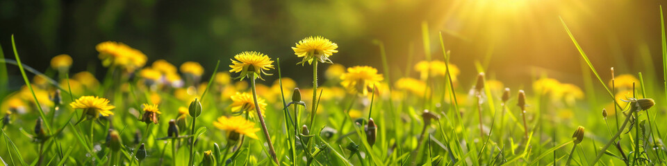 Beautiful flowers of yellow dandelions in nature in warm summer or spring on meadow in sunlight, macro. Long horizontal banner. Nature floral background in summer.