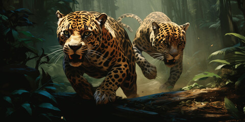 Two jaguars playfully chasing each other through a lush rainforest, their sleek coats and agile movements a testament to their wild beauty. - obrazy, fototapety, plakaty