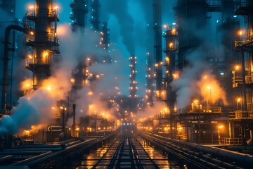 Fototapeta na wymiar An ethereal, fog-laden industrial landscape at night, illuminated by countless lights, conveying a sense of vast operations