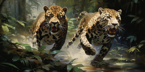 Two jaguars playfully chasing each other through a lush rainforest, their sleek coats and agile movements a testament to their wild beauty. - obrazy, fototapety, plakaty