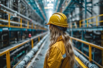 A young female engineer in yellow helmet surveys industrial refinery pipelines with focus and...