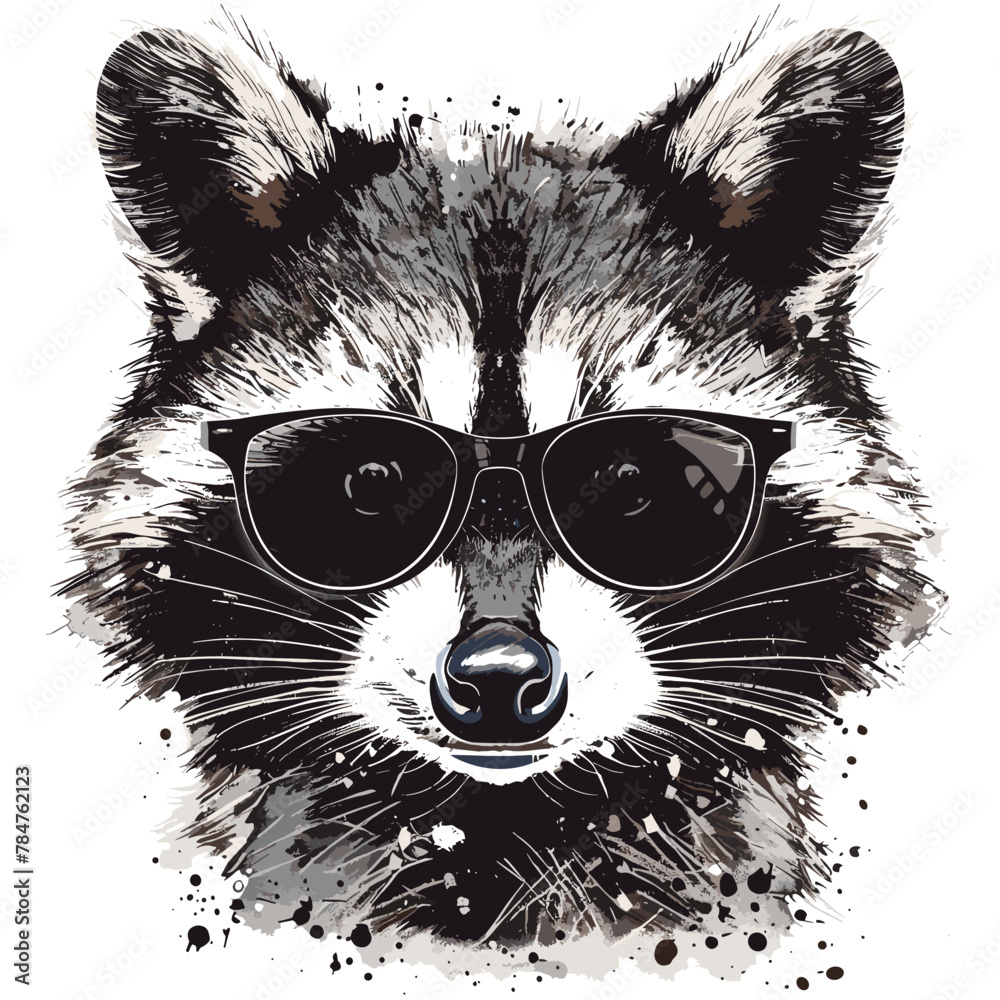 Wall mural Portrait of a raccoon with sunglasses. Hand drawn vector illustration.