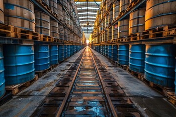 Naklejka premium Rows of blue storage barrels line up leading to a vanishing point in a warehouse, symbolizing logistics and large-scale storage