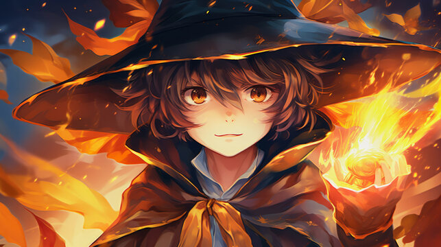 ai generative illustration of a cute young anime wizard