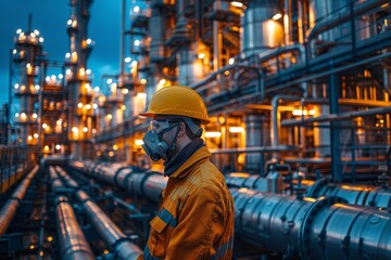 An industrial worker in a hardhat observes the intricate network of pipes in a brightly lit industrial complex