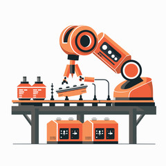 Robot assembly line. Robotic arm and conveyor belt. Vector illustration
