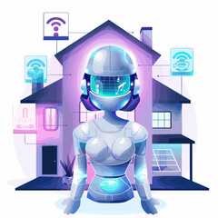 Robot in front of house. Artificial intelligence concept. Vector illustration