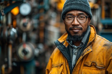 A portrait of a confident man wearing a beanie and glasses with a background of assorted tools - obrazy, fototapety, plakaty