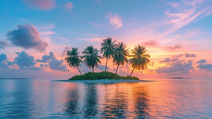 Fototapeta na wymiar A serene island with palm trees under the radiant glow of sunset, soft tones, fine details, high resolution, high detail, 32K Ultra HD, copyspace