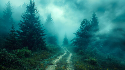 Morning mood in a foggy forest
