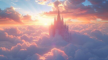 A surreal cathedral floating amongst the clouds at sunrise, evoking wonder, soft tones, fine details, high resolution, high detail, 32K Ultra HD, copyspace - obrazy, fototapety, plakaty