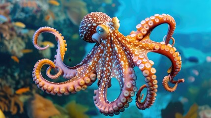 A vibrant octopus with intricate patterns swimming underwater, soft tones, fine details, high resolution, high detail, 32K Ultra HD, copyspace