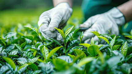 A tea farmer's hands in white gloves picking tea leaves on the green field background