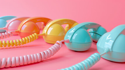 A set of colorful vintage phone handsets on a pastel pink background, in a minimal concept.