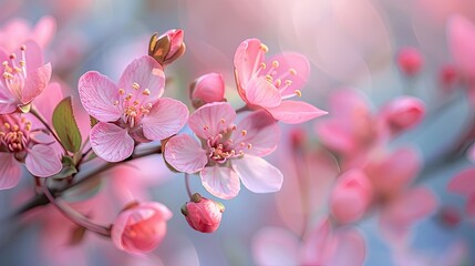 Close-up of delicate pink cherry blossoms in full bloom, showcasing their beauty against a dreamy background