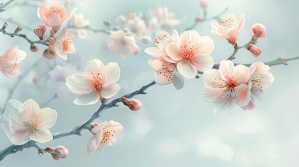 Elegant spring blossoms on a branch, integrated into a minimalistic design, soft tones, fine details, high resolution, high detail, 32K Ultra HD, copyspace, watercolor hand drawn