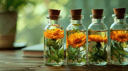 Herbal calendula essence in transparent bottles with fresh blooms, soft tones, fine details, high resolution, high detail, 32K Ultra HD, copyspace - obrazy, fototapety, plakaty