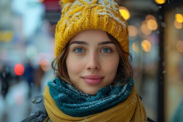 Attractive young lady with blue eyes and snowflakes in her hair smiling softly outdoors in winter