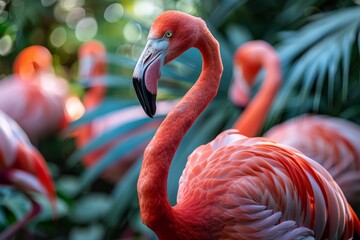 A striking image capturing the vibrant pink hues of a flamingo with a detailed view of its feathers and beak against a tropical background