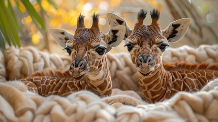 Two giraffe calves cuddling in a soft, textured bedding, soft tones, fine details, high resolution, high detail, 32K Ultra HD, copyspace