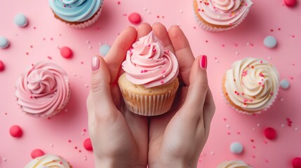 Colorful creative butter cupcake composition on pink background