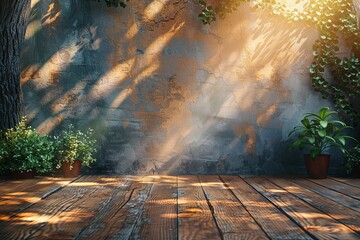 Serene garden corner with sun rays piercing through foliage, casting shadows on a rustic wooden deck beside potted plants