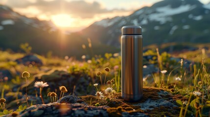  Beautiful panorama of mountain forest and metal mockup of thermos on mountain landscape background