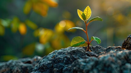 Young plant sprouting on a rock, a symbol of resilience and growth, soft tones, fine details, high resolution, high detail, 32K Ultra HD, copyspace - obrazy, fototapety, plakaty