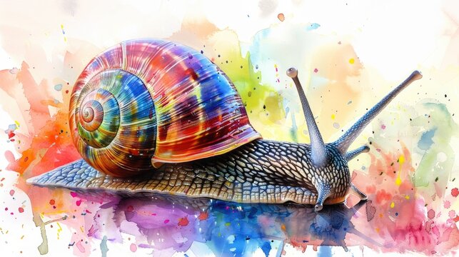 Watercolor painting of a colorful snail with vibrant artistic splashes, soft tones, fine details, high resolution, high detail, 32K Ultra HD, copyspace