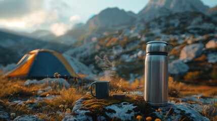  Beautiful panorama of mountain forest and metal mockup of thermos on mountain landscape background - obrazy, fototapety, plakaty
