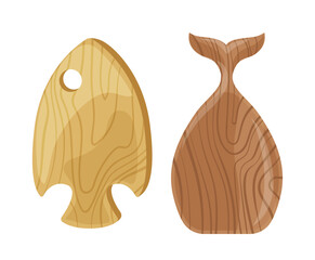 Cartoon wooden cutting board in shape of fish vector illustration isolated on white background