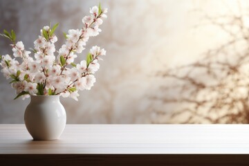 Wooden table top or window sill with spring flowering branches and blurred window. Spring background for design your products.