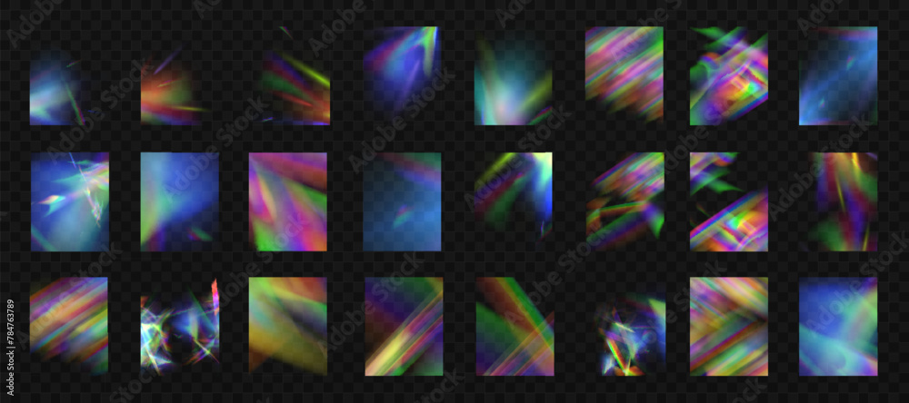 Poster rainbow light rays, lens flare, reflection effect from crystal, glass or gem. vector realistic illus