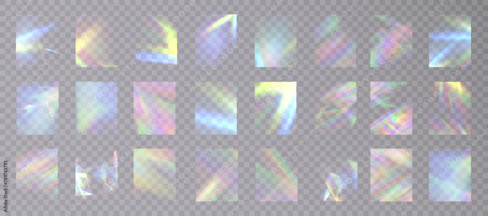 Poster rainbow light rays, lens flare, reflection effect from crystal, glass or gem. vector realistic illus
