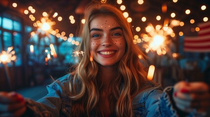 Portrait of happy woman with sparkler celebrating the 4th of July, Independence Day. Generative AI