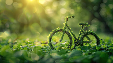 World bicycle day concept International holiday june 3, Green bicycle and man silhouette made up of leaves. Environment preserve. blur nature background, banner, card, poster with text space - obrazy, fototapety, plakaty