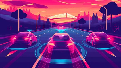 The Driverless cars for future adaptive cruise control and smart transportation technology in night neon light. - obrazy, fototapety, plakaty