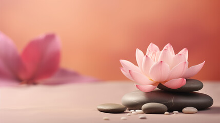 Naklejka na ściany i meble stones and lotus flower on pink background witn copy space, wellness and massage, bodycare, spa and harmony 