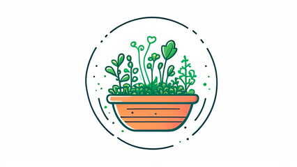 A circular logo featuring a variety of herbs in a terracotta pot, encapsulating concepts of organic growth, natural products, and ecological awareness for businesses or eco-friendly initiatives.