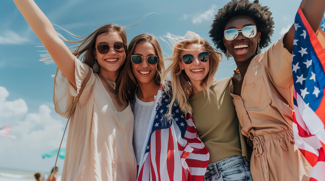 Multiethnic Group of Friends with flag celebrating independence day 4th of July. Generative AI