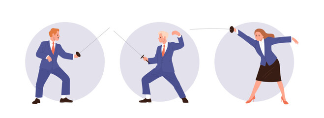 Isolated round icon composition set with businesswoman and businessman characters with sword