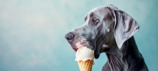 blue great dane dog licking ice cream from cone, green background, side view, photorealistic, studio shot - obrazy, fototapety, plakaty