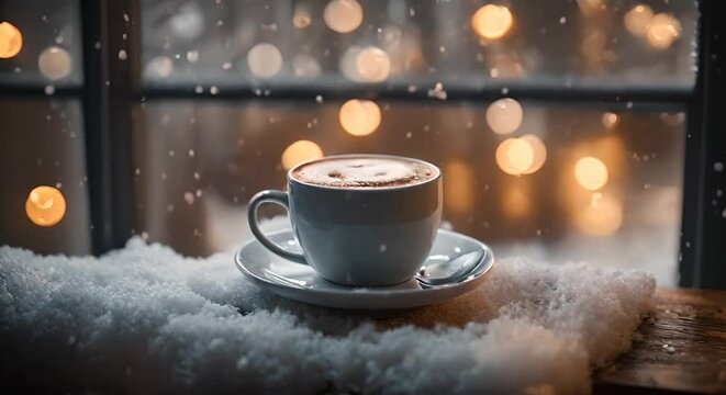 A warm cup of coffee by the window with winter and snowfall vibes at night seamless looping time-lapse video background