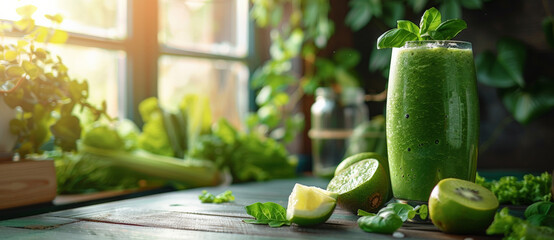 Green smoothie with green vegetables on the table in front of window, - obrazy, fototapety, plakaty