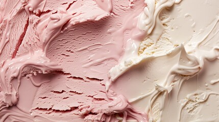Delicious refreshing texture of ice cream. Background of strawberry and vanilla ice cream close-up
