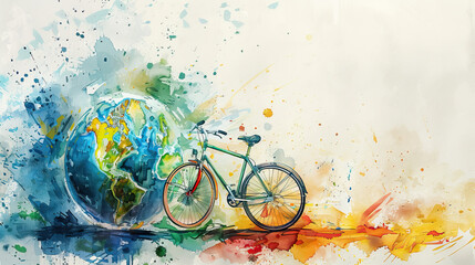 World bicycle day concept International holiday june 3, bicycle and earth globe watercolor art in background Environment preserve. blur nature background, banner, card, poster with text space - obrazy, fototapety, plakaty