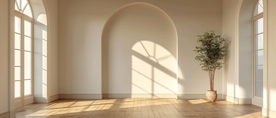 Empty room interior with arch entrance. Modern 3d living room, office or gallery with wooden floor, shadows and sun light from window on wall, vector realistic illustration.