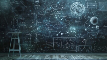 Quantum physics operations and formulas written with chalk on a blackboard