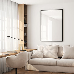 Fototapeta premium Frame mockup, ISO A paper size. Living room wall poster mockup. Interior mockup with house background. Modern interior design. 3D render 