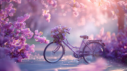 World bicycle day concept International holiday june 3, lavender bicycle  with lilac flowers spring Environment preserve. blur nature background, banner, card, poster with text space